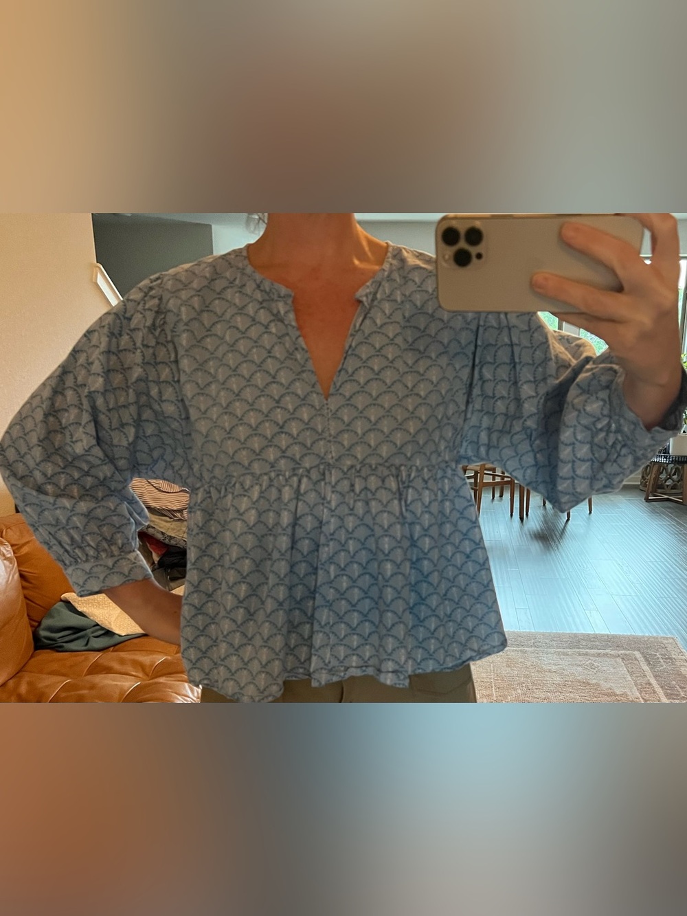 BEAU & RO - Light Blue Patterned Peplum Blouse